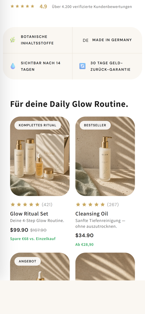 Glow Shopify Theme – Startseite (Mobile)